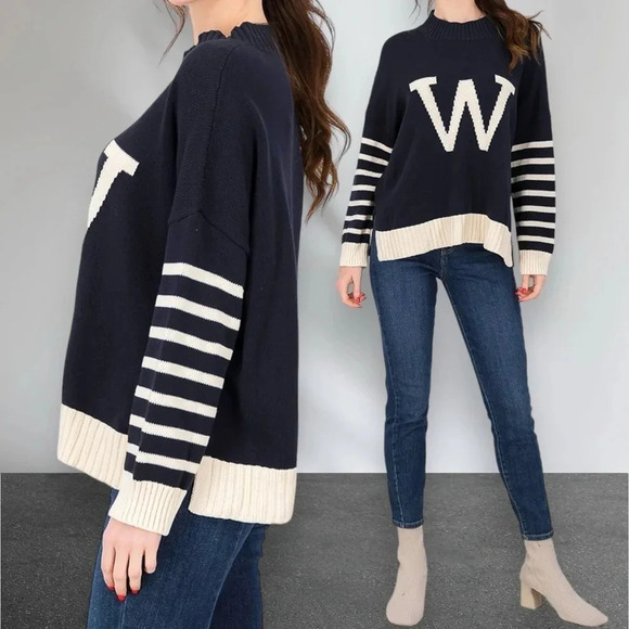 NEW WEEKEND MAX MARA Moresca Crewneck Sweater Navy White Striped Size S - Picture 5 of 16